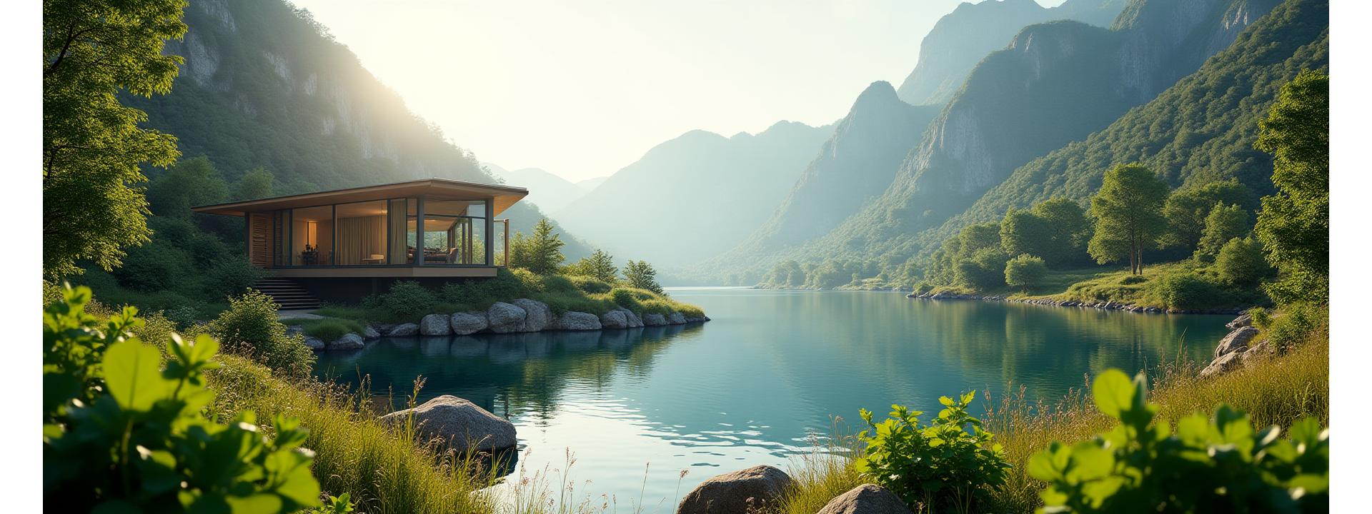 Panoramic view of a luxury eco-house nestled harmoniously in a lush, verdant landscape with a pristine lake and distant mountains, embodying Trexorilvanquesa's mission.