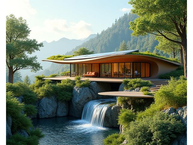 Illustration of a luxury eco-lodge integrating solar panels, rainwater harvesting, and lush green roofs, symbolizing sustainable technology and innovation.