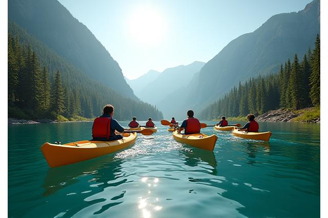 A group of people kayaking on a serene, clear mountain lake surrounded by towering evergreen forests under a bright, sunny sky. The kayaks are modern and colorful.
