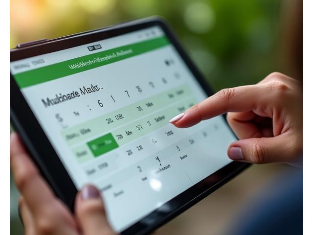 A clean, intuitive digital booking calendar interface displayed on a tablet, showing available dates highlighted in green and booked dates greyed out. A finger hovers over a selectable date.