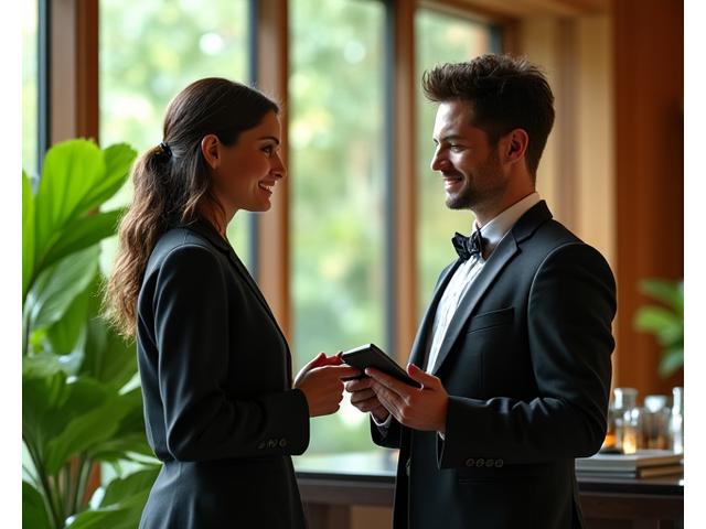 A smiling, professional concierge in refined attire, holding a tablet and speaking empathetically with a guest in a luxurious, naturally lit lobby. Lush greenery is visible through large windows.
