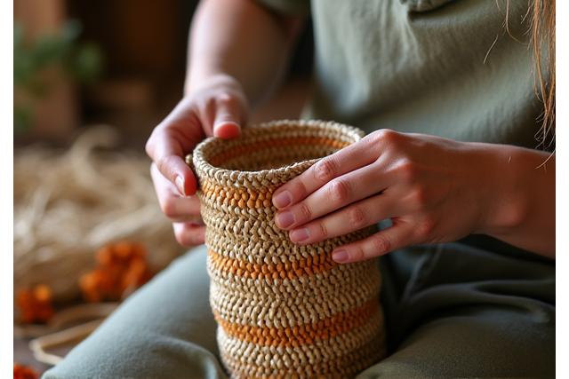 A person's hands delicately weaving a traditional basket using natural fibers during a cultural workshop. The setting is rustic yet inviting.