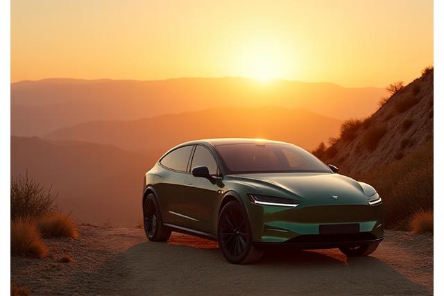 A sleek, modern electric car designed for off-road use, parked on a scenic dirt road overlooking a vast, untouched natural landscape. Sun is setting, casting a warm glow.