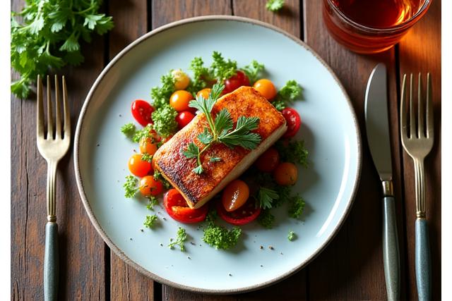 A meticulously arranged plate of gourmet, farm-to-table cuisine, showcasing vibrant organic vegetables and a perfectly seared piece of fish, accompanied by fine dining implements.
