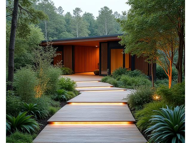 An elegantly designed accessible ramp leading up to the entrance of a modern eco-lodge, seamlessly integrated with natural landscaping. Soft, welcoming light filters through.