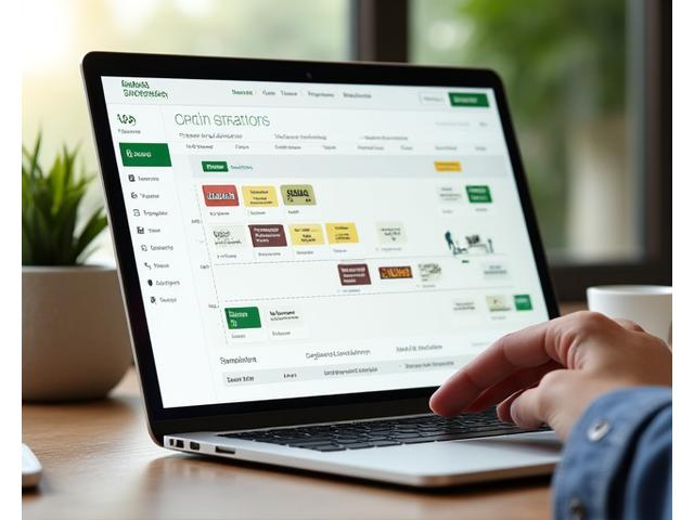 A digital interface for an itinerary builder on a laptop, showing a drag-and-drop timeline with various activities, times, and icons. A hand is interacting with a touchscreen.