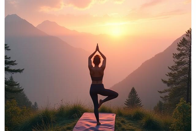 A serene outdoor yoga session at sunrise, with a focused woman in a warrior pose on a mat, overlooking a misty mountain landscape. The colors are soft and spiritual.