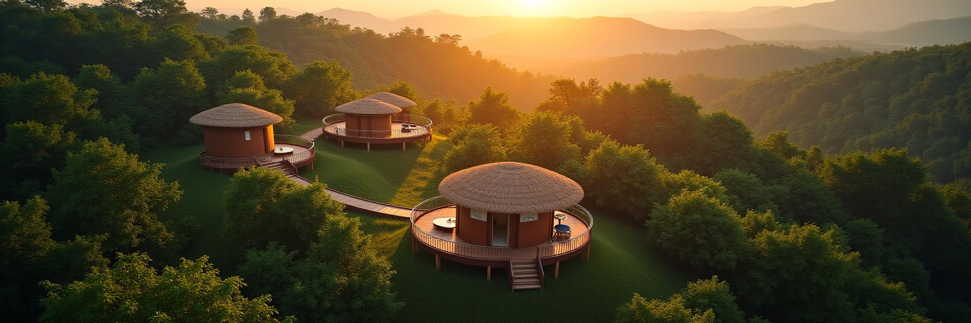 Drone view of an elegant eco-luxury resort nestled in a lush, green landscape at golden hour.
