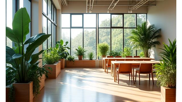 Modern, sustainably designed office interior with natural light, green plants, and eco-friendly furniture.