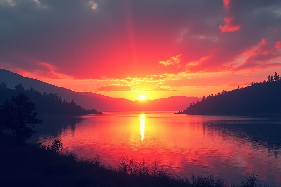 Scenic sunset over Folsom Lake with vibrant colors reflecting on the water, surrounded by natural land features.