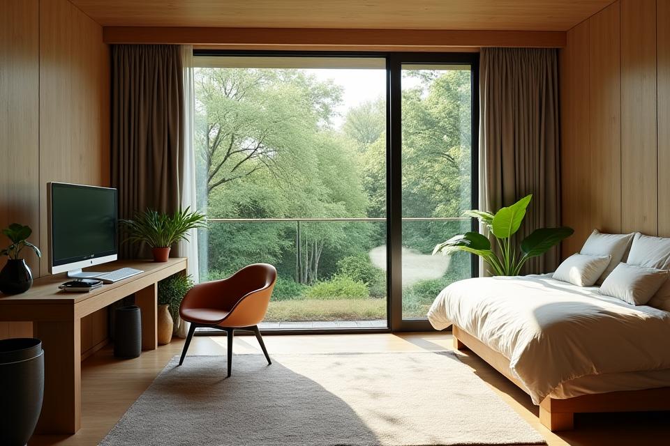 A beautifully designed eco-suite for digital nomads, featuring a dedicated workspace with forest views, a comfortable bed, and a small kitchenette