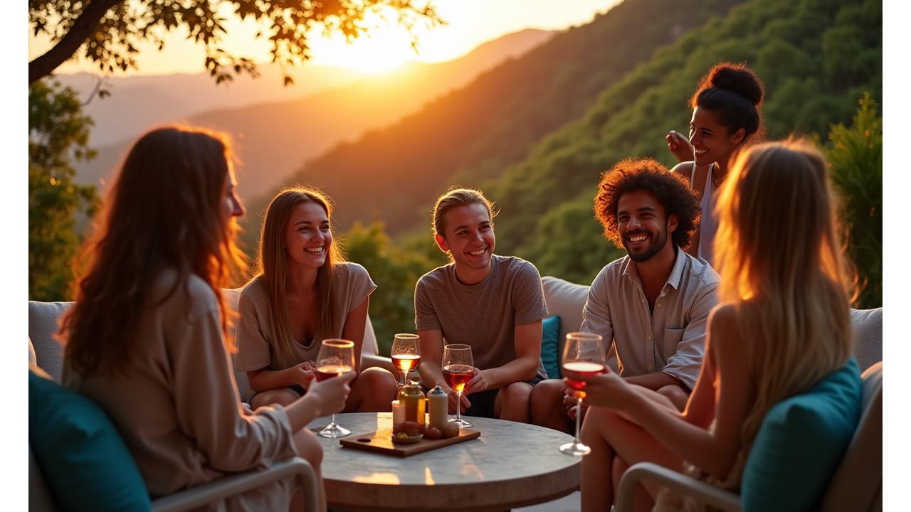 A vibrant community gathering of digital nomads sharing ideas and laughing in a beautifully lit outdoor common area at sunset