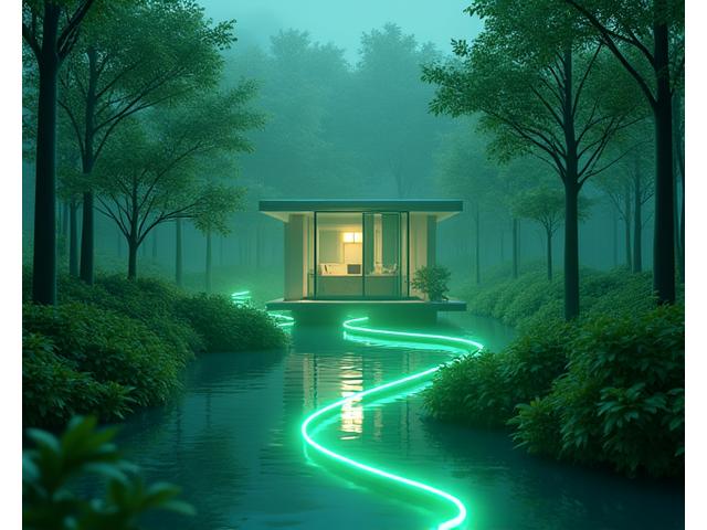 Illustration of high-speed fiber optic cables connecting to a serene eco-office in a forest, symbolizing reliable internet