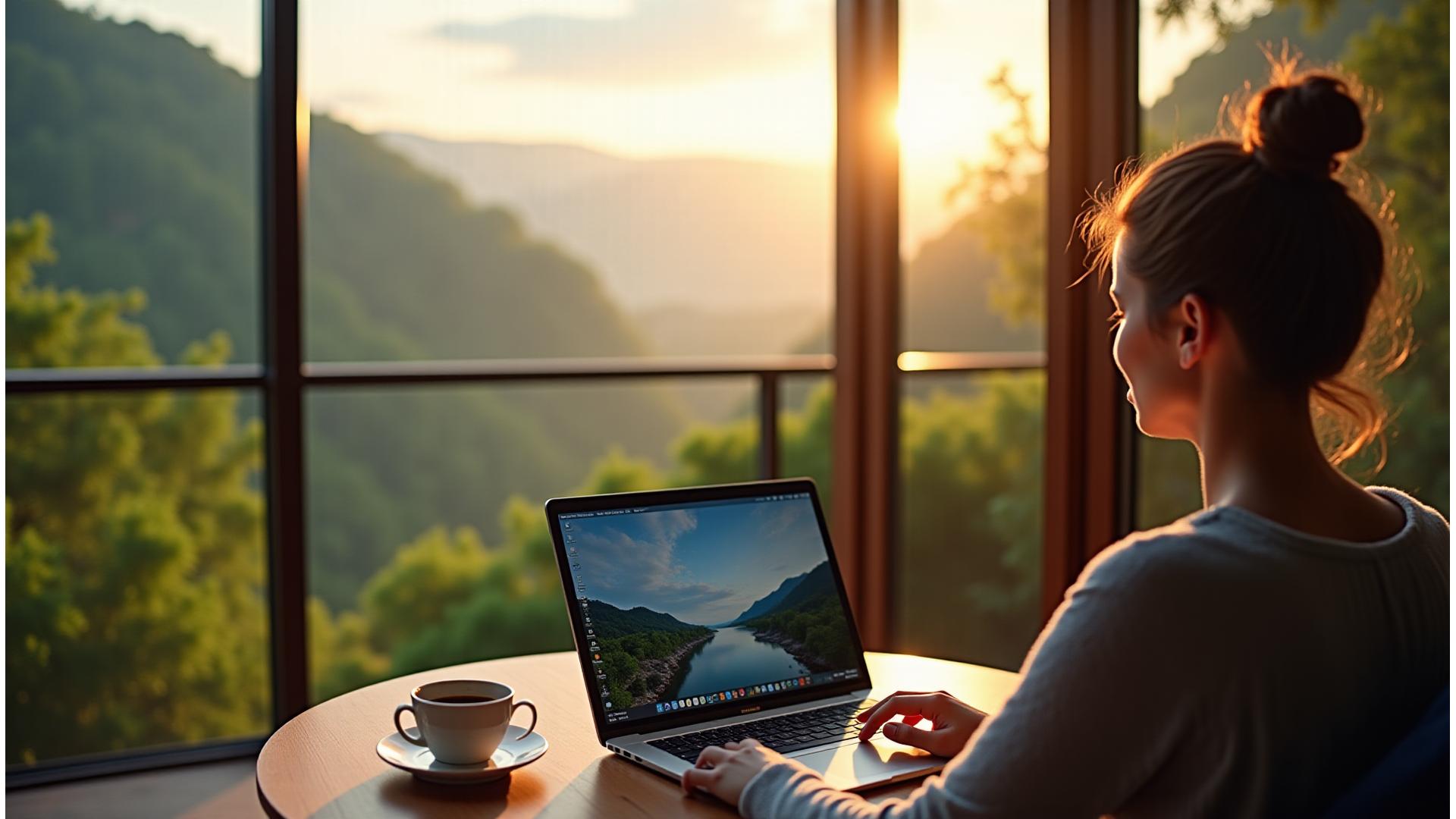 Digital nomad working on a laptop on a balcony overlooking a lush, green valley at sunrise, surrounded by stylish, eco-friendly architecture
