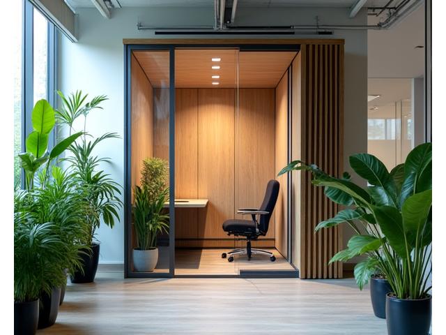 A sleek, soundproof privacy pod surrounded by indoor plants in a modern coworking space