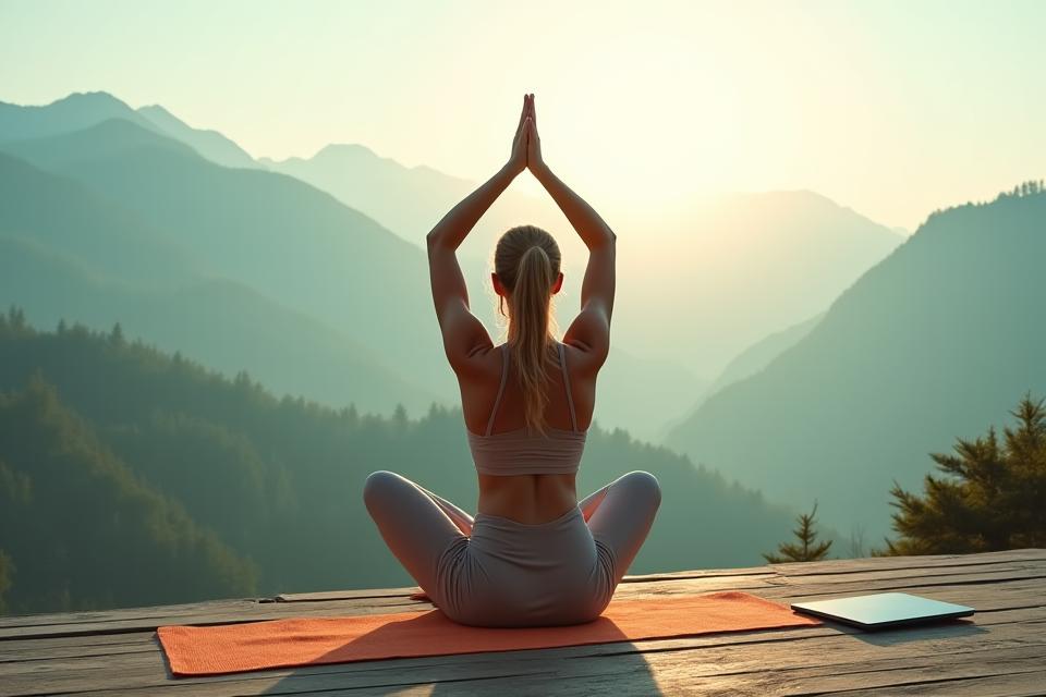 A digital nomad practicing yoga outdoors in a serene natural setting with mountains in the background, laptop closed nearby, symbolizing work-life balance