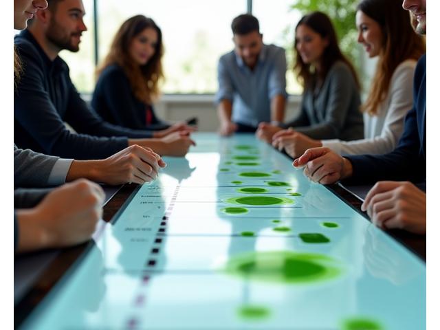 Team collaborating on a project timeline with green markers and flowcharts