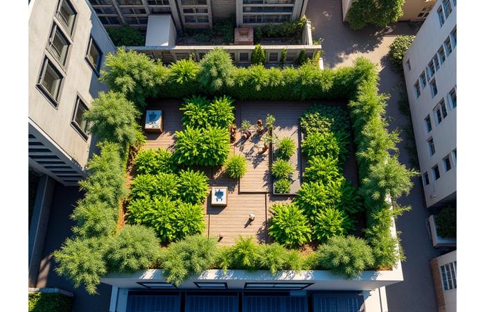Rooftop vegetable garden and solar array on an urban eco-home, demonstrating productive use of space in a city environment.