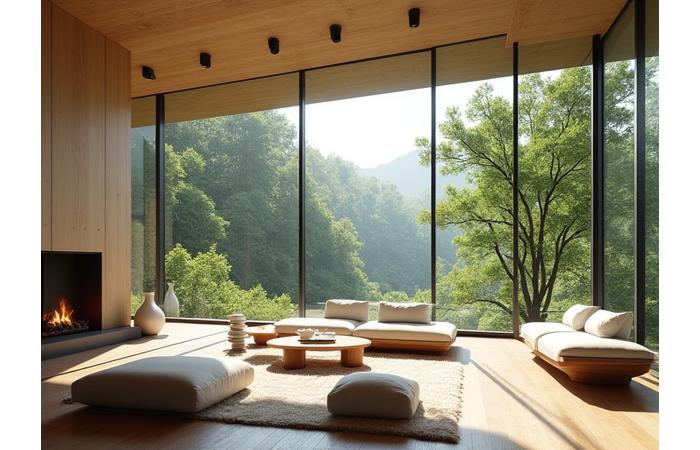 Luxurious interior of The Elysian Foothills Retreat with panoramic forest views and sustainable furnishings.