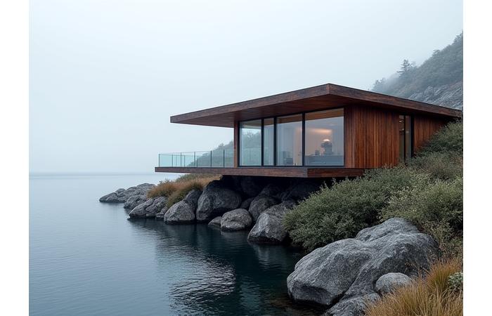Exterior of Coastal Serenity Haven, showcasing its proximity to water, and the use of natural, weather-resistant materials.