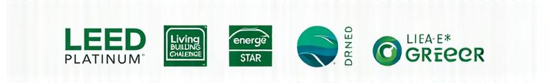 Collection of green building certification badges: LEED Platinum, Living Building Challenge, ENERGY STAR, and CALGreen logos.