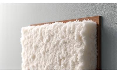 Cross-section of a wall showing thick, bio-based insulation material, indicating high thermal performance.