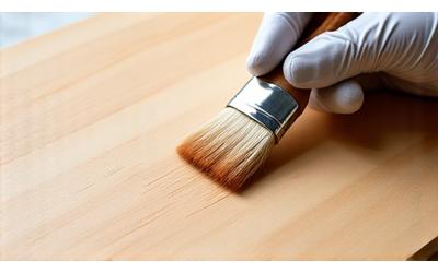 Hand applying a transparent, non-toxic wood finish to a beautiful natural wood surface, emphasizing artisanal quality.