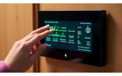 Smart home control panel displaying energy usage data and climate control settings in a modern, minimalistic design.