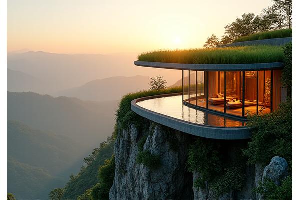 Stunning hillside eco-retreat with a lush living roof, expansive glass walls, and infinity pool overlooking a pristine valley.