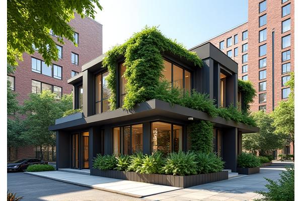 Compact urban eco-home with vertical garden, solar panels, and smart design for sustainable high-density living in a city setting.