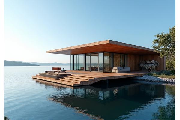 Modern waterfront eco-house with greywater recycling, expansive decks, and a clean, minimalist design integrated seamlessly with the lake.