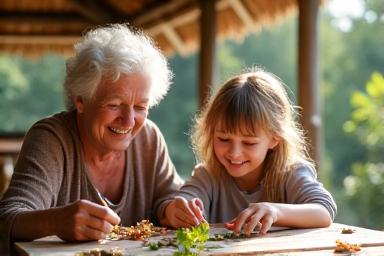 A grandparent and grandchild collaborating happily on a nature-themed art project using leaves and twigs, at a wooden table in an open-air pavilion, sunlit.