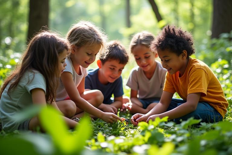 Children enthralled and engaged in a junior naturalist program, observing insects with magnifying glasses in a lush forest with a cheerful instructor who is kneeling to their level.