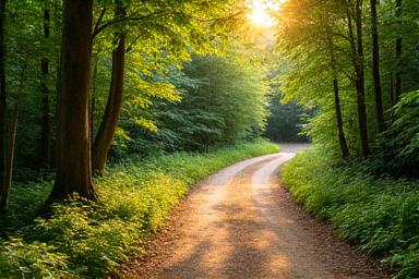 A family using both a paved accessible trail and a more rugged dirt path nearby, illustrating multi-level hiking options in a scenic forest, late afternoon sun.