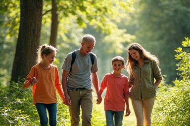 A group of children and adults happily participating in a nature scavenger hunt, with one child pointing excitedly at a hidden item in a lush forest, sunny day.