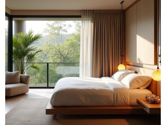 A serene and clean bedroom with tactile soft furnishings, a muted color palette, and subtle low lighting, designed for sensory comfort, next to a large window overlooking nature.