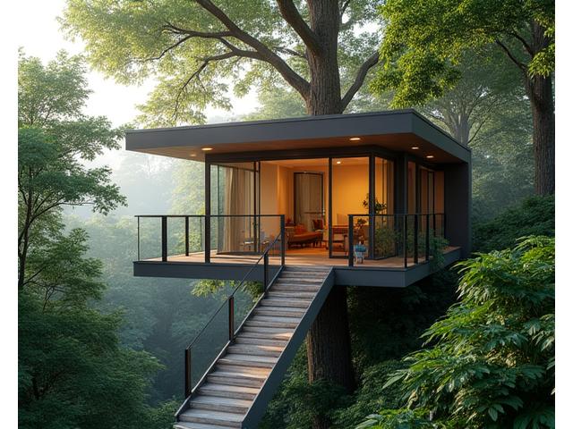 A modern, accessible treehouse with a ramp leading to its entrance, nestled among lush foliage, featuring wide doors and an elevator shaft visible, at dawn.
