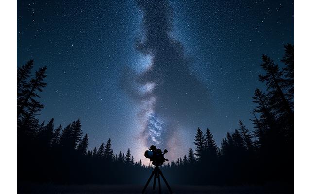 A powerful telescope pointed at a star-filled night sky from a secluded forest clearing, surrounded by silhouettes of trees.