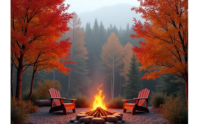Vibrant autumn foliage in a dense forest with a cozy fire pit active in the foreground, evoking a sense of warmth.