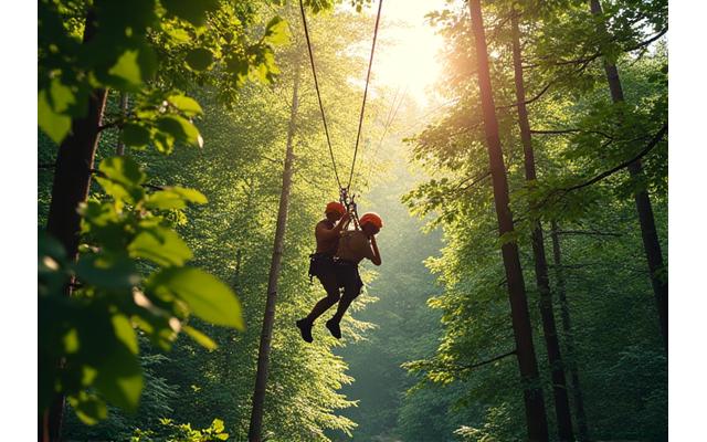 Adventurers enjoying a canopy zip-lining experience through a dense green forest.