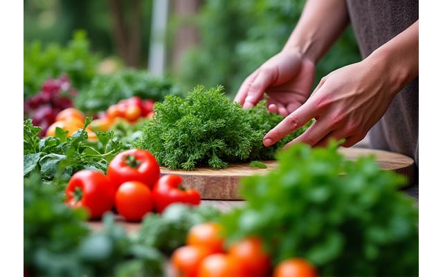 Hands preparing fresh vegetables and herbs during a farm-to-table cooking class in a rustic outdoor setting.