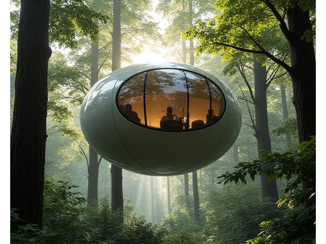 A minimalist spherical floating tree pod suspended amongst trees, offering a unique, immersive nature experience.