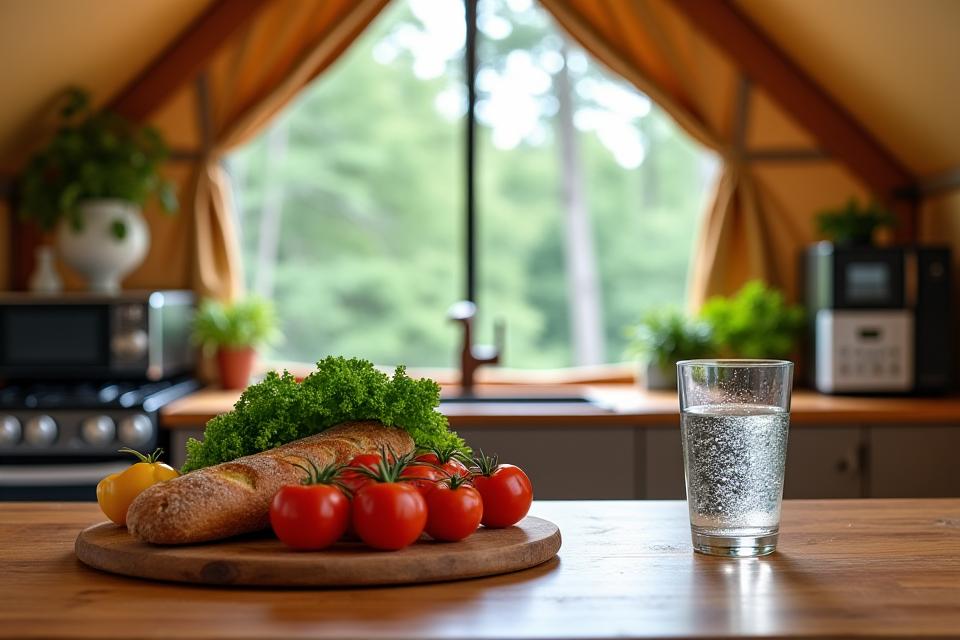Modern gourmet kitchen within a luxury glamping tent, featuring wooden countertops and fresh produce.