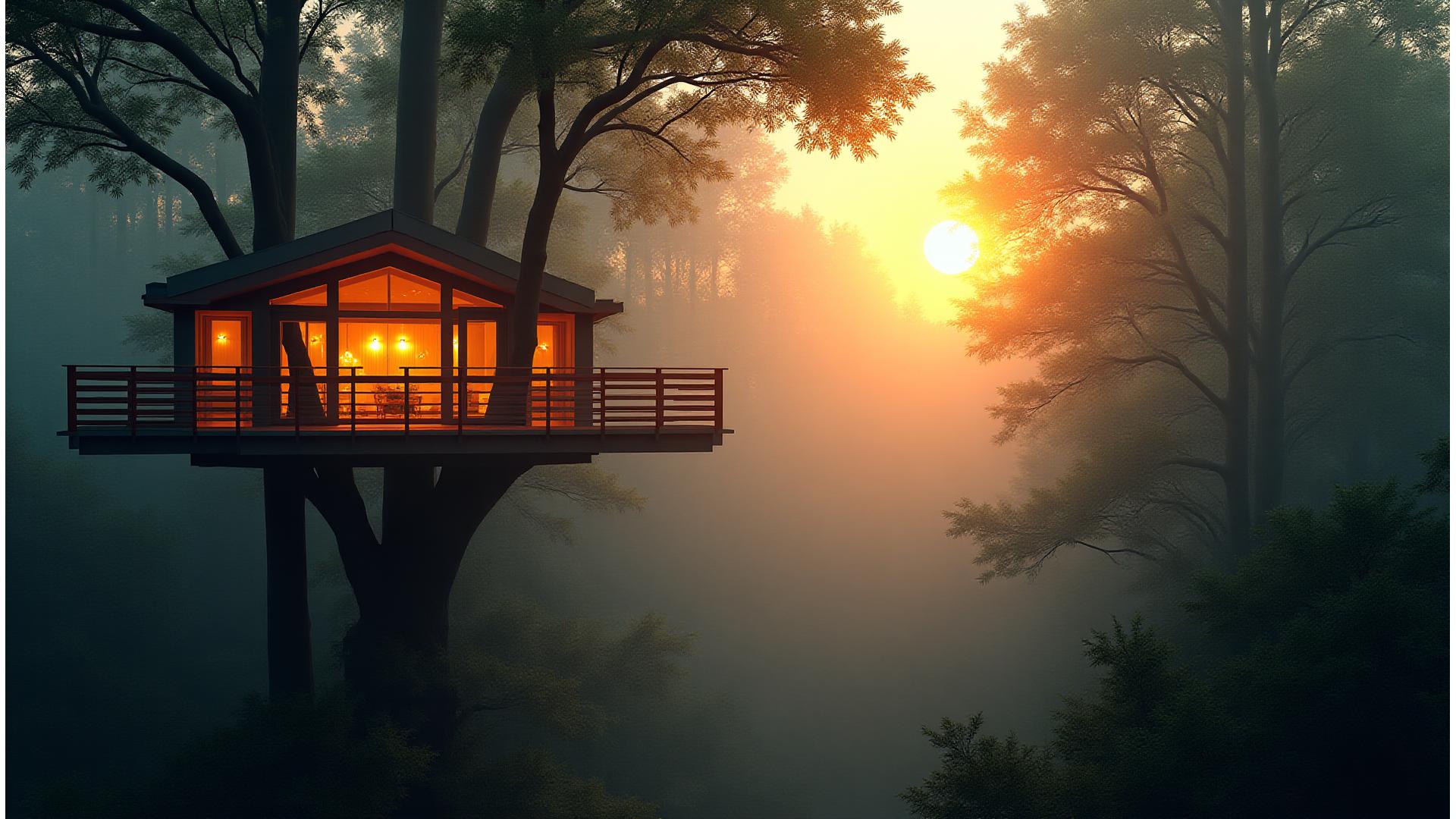 Luxury treehouse at sunrise, surrounded by misty forest and glowing with warm interior lights