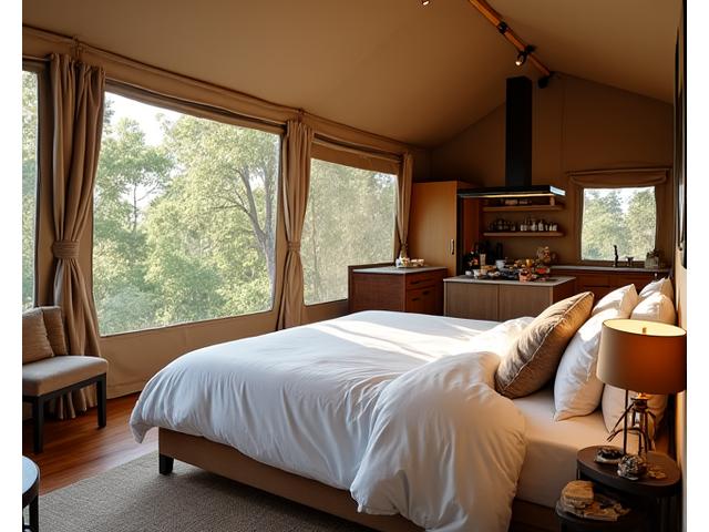 Interior of a luxury safari tent with a king-sized bed, elegant furnishings, and views of nature from a private deck.