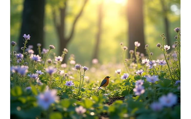 A vibrant forest scene in spring with blooming wildflowers and active birdlife, symbolizing renewal.