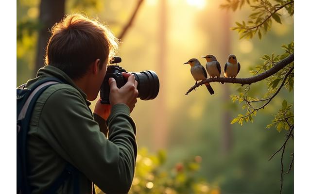 Wildlife photographer with camera observing birds in a lush forest, with soft morning light.
