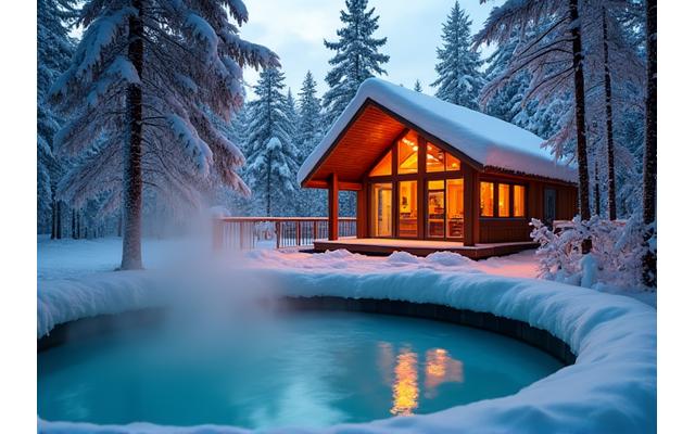 A serene winter scene featuring a snow-covered luxury treehouse with steam rising from an outdoor hot tub.