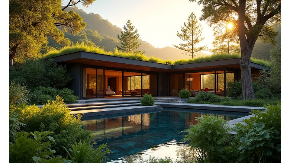 Spacious, modern luxury eco-house with a green roof, large windows overlooking a pristine forest, and a natural swimming pool