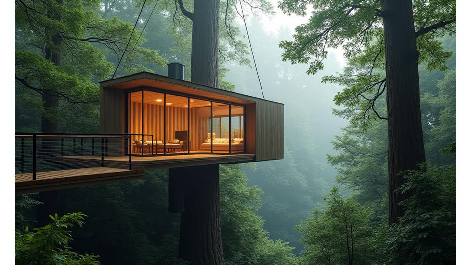 Elevated luxury treehouse with a modern design, large glass walls showing forest canopy, and a suspended rope bridge leading to it